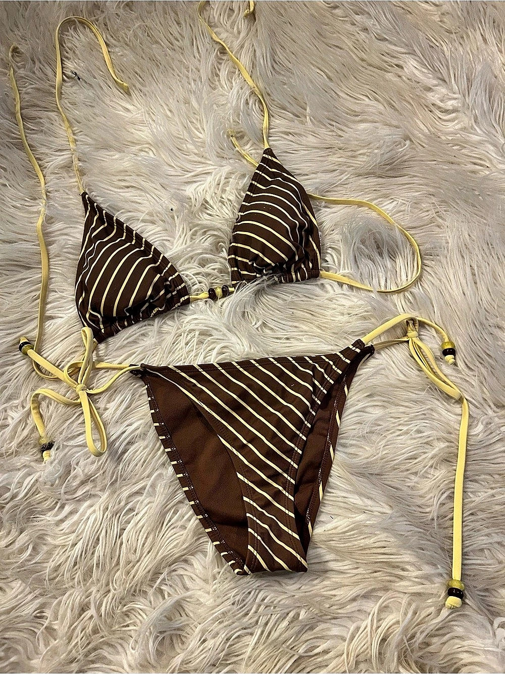 Wild Fable Tricot Triangle Bikini Top and Side-Tie Bottom Set Brown & Yellow